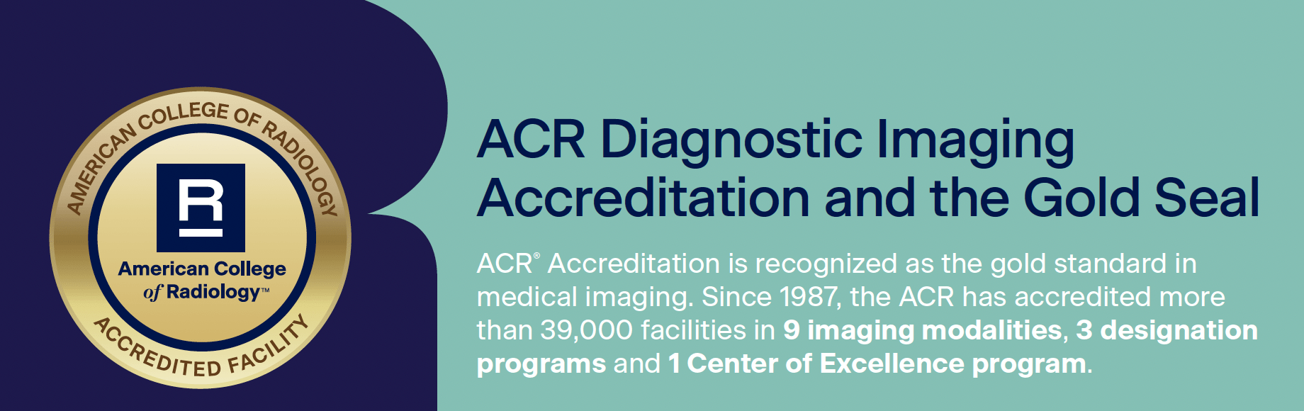 Banner with title "ACR Diagnostic Imaging Accreditation and the Gold Seal". Sub-heading that says "ACR® Accreditation is recognized as the gold standard in medical imaging. Since 1987, the ACR has accredited more than 39,000 facilities in 9 imaging modalities, 3 designation programs and 1 Center of Excellence program."